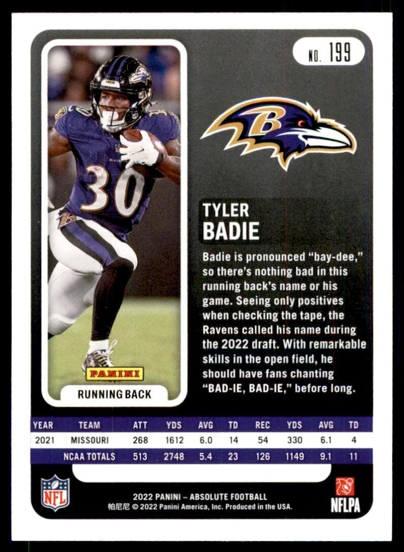 2022 PANINI ABSOLUTE. TYLER BADIE ROOKIE BALTIMORE RAVENS #199