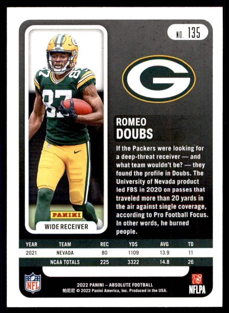 2022 PANINI ABSOLUTE ROMEO DOUBS ROOKIE GREEN BAY PACKERS #135