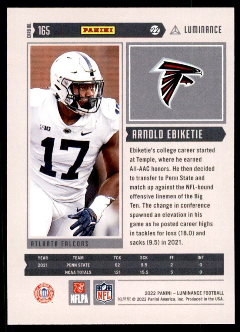 2022 PANINI LUMINANCE ARNOLD EBIKETIE ROOKIE ATLANTA FALCONS #165