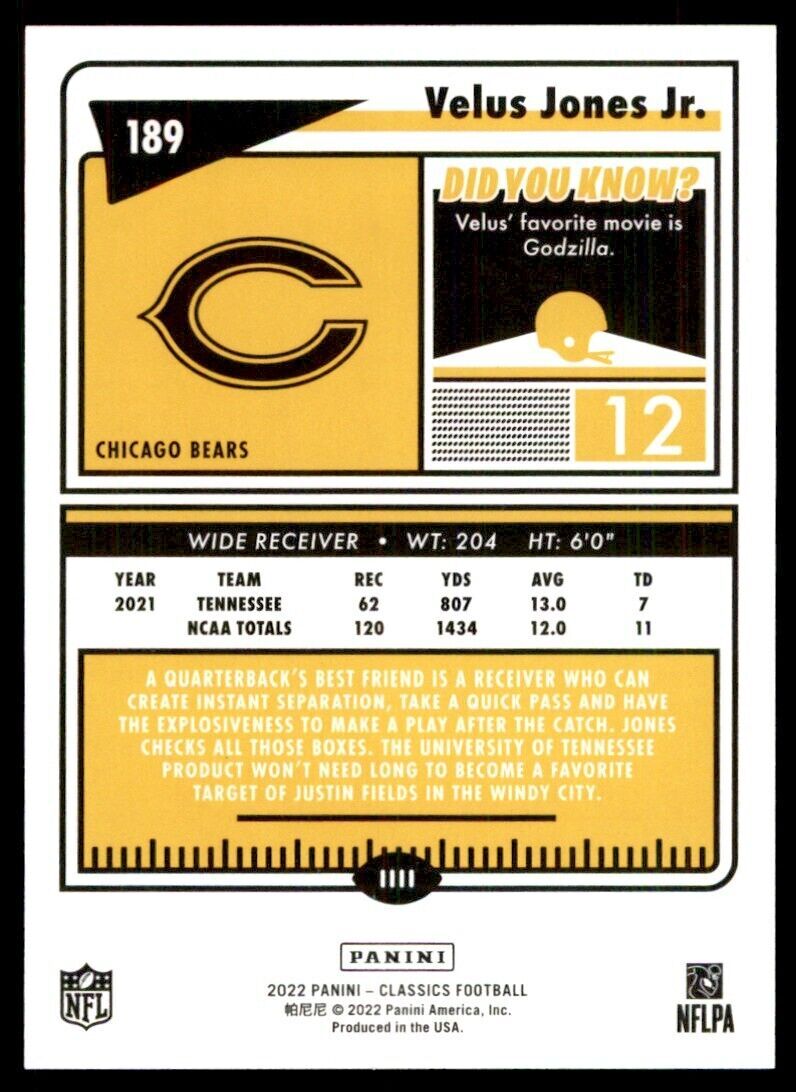 2022 PANINI CLASSICS VELUS JONES JR. ROOKIE CHICAGO BEARS #189