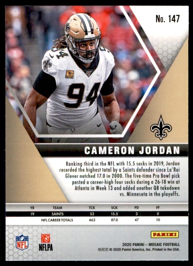 2020 PANINI MOSAIC CAMERON JORDAN NEW ORLEANS SAINTS #147.