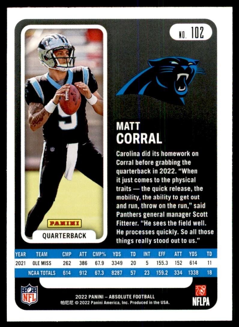 2022 PANINI ABSOLUTE. MATT CORRAL ROOKIE CAROLINA PANTHERS #102