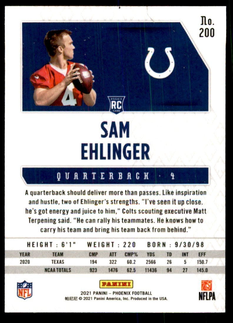 2021 PANINI PHOENIX SAM EHLINGER INDIANAPOLIS COLTS #200