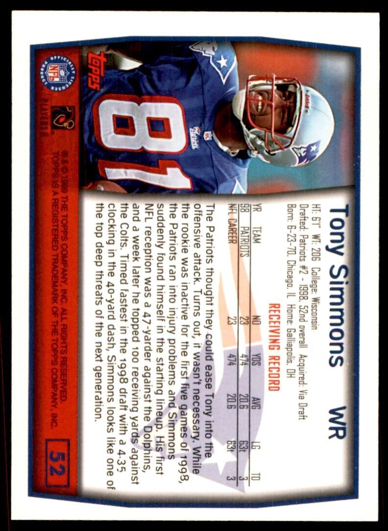 1999 TOPPS TONY SIMMONS NEW ENGLAND PATRIOTS #52
