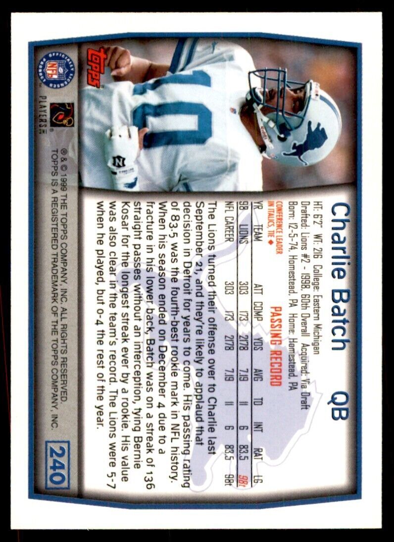 1999 TOPPS CHARLIE BATCH DETROIT LIONS #240