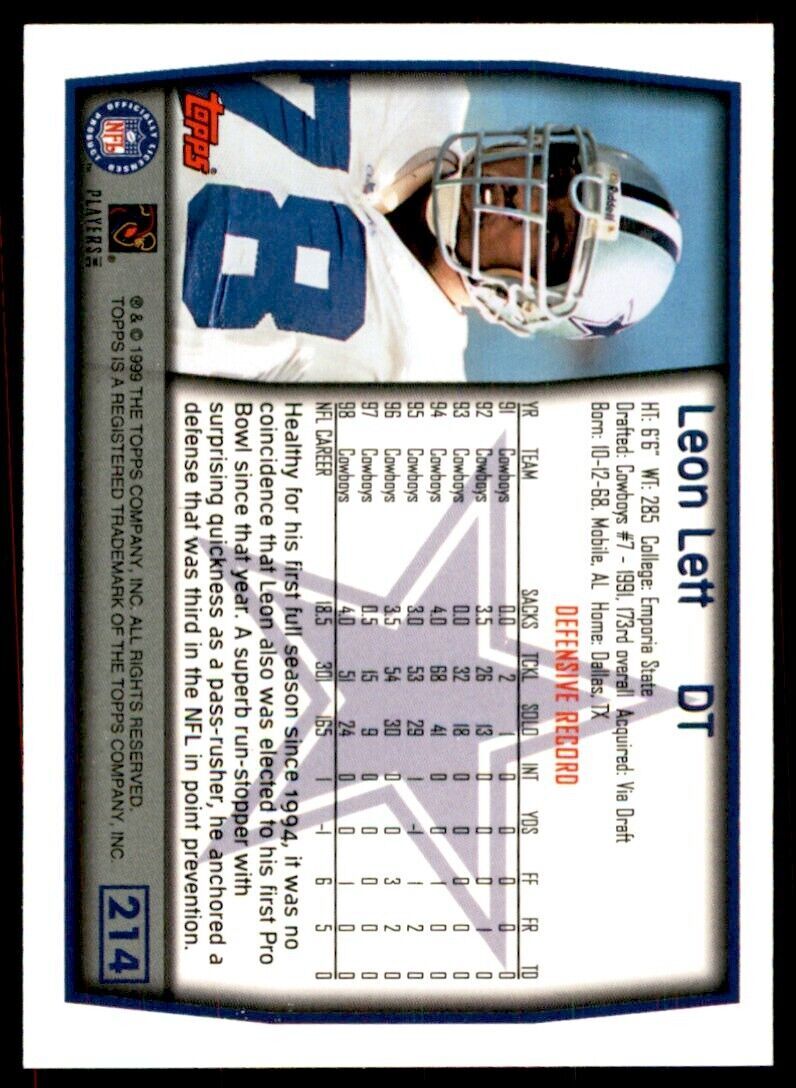 1999 TOPPS LEON LETT DALLAS COWBOYS #214
