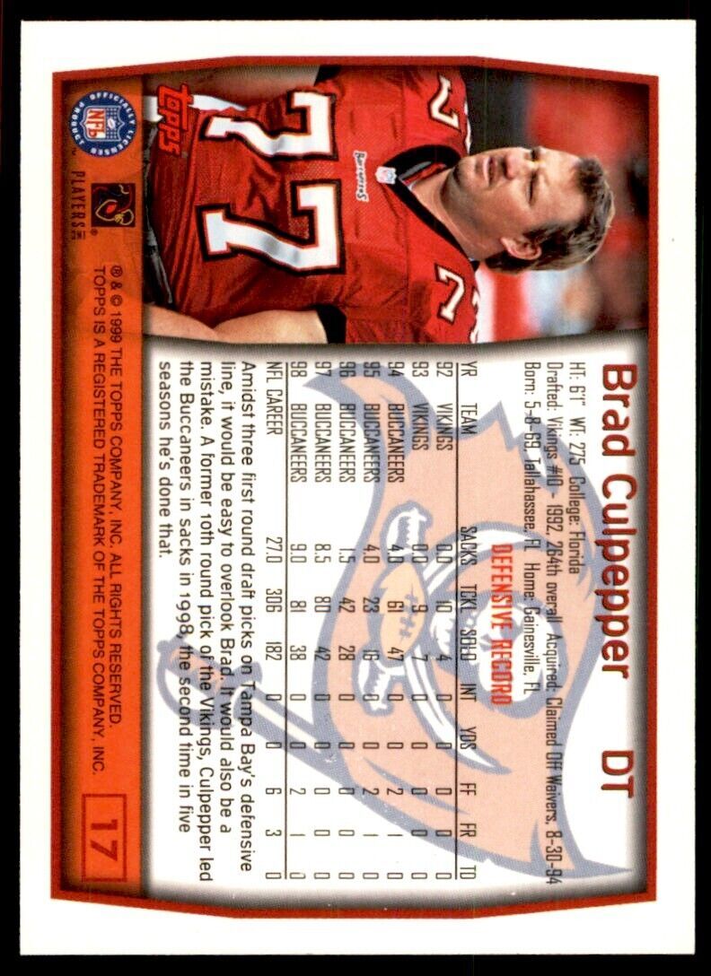 1999 Topps Brad Culpepper Tampa Bay Buccaneers #17