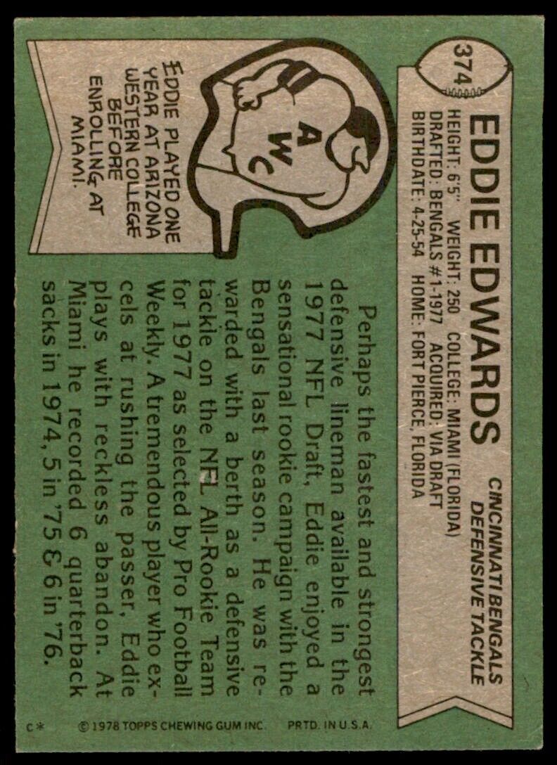 1978 TOPPS EDDIE EDWARDS. CINCINNATI BENGALS #374