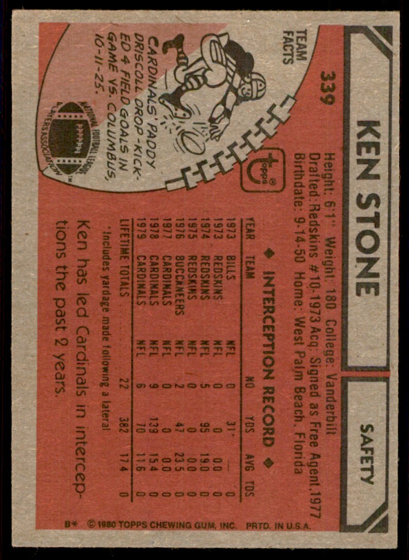 1980 Topps Ken Stone Football Card St. Louis Cardinals #339