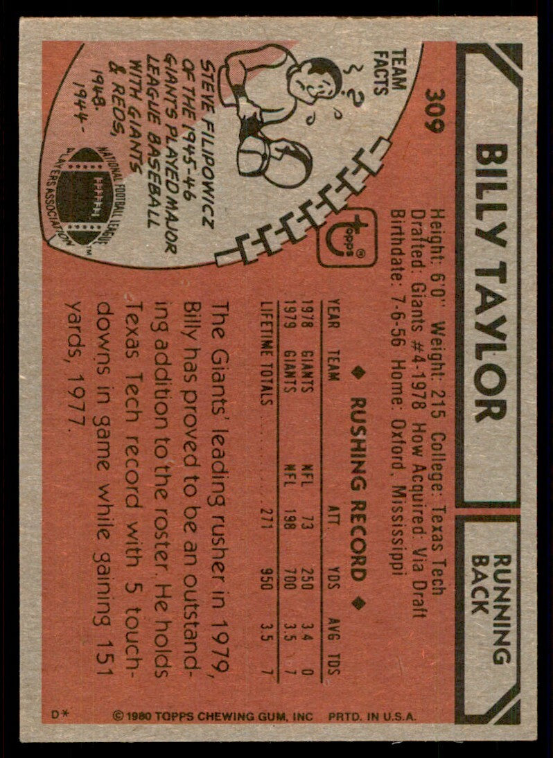 1980 Topps Billy Taylor Football Card New York Giants #309