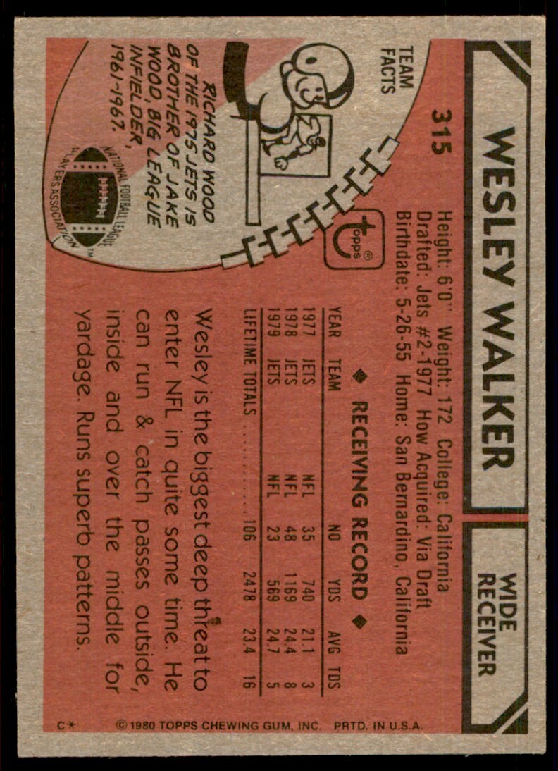 1980 Topps Wesley Walker Football Card New York Jets #315