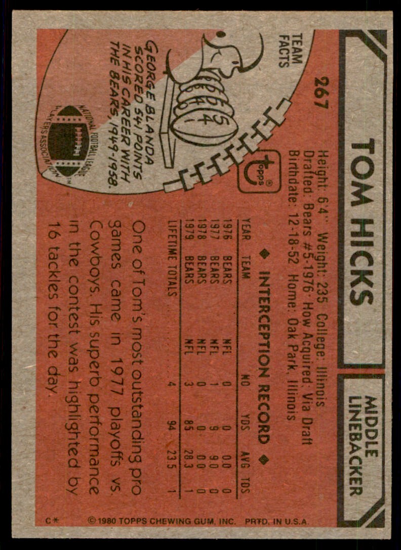 1980 Topps Tom Hicks Football Card Chicago Bears #267