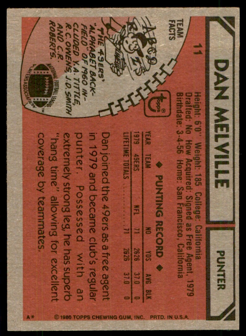 1980 Topps Dan Melville Football Card San Francisco 49ers #11