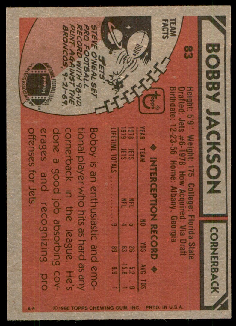 1980 Topps Bobby Jackson Football Card New York Jets #83