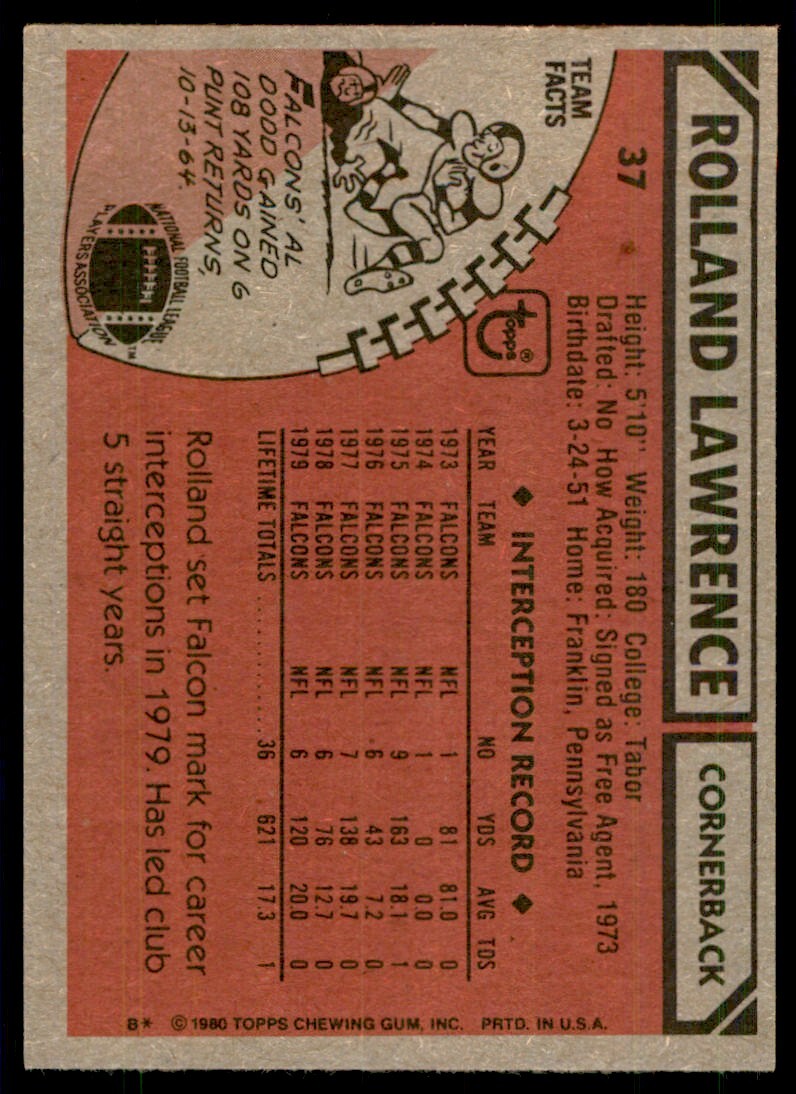 1980 Topps Rolland Lawrence Football Card Atlanta Falcons #37
