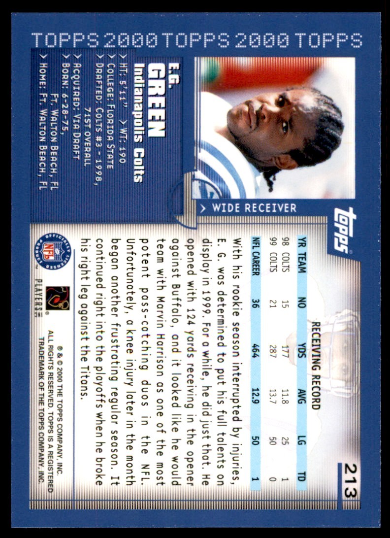 2000 TOPPS COLLECTION E.G. GREEN INDIANAPOLIS COLTS #213