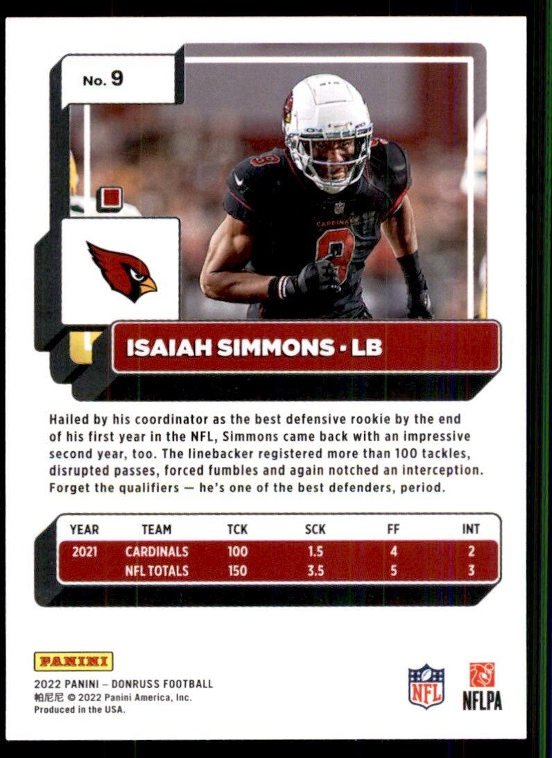 2022 Donruss Football Card Isaiah Simmons Arizona Cardinals #9
