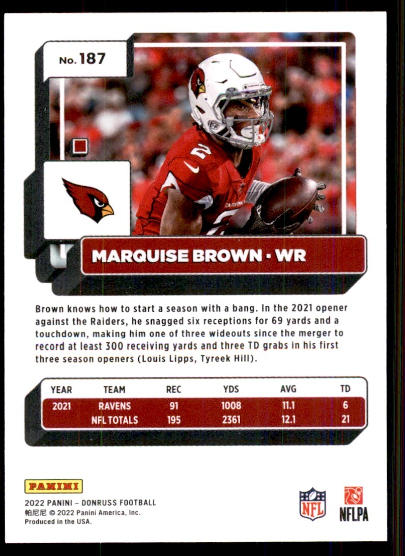 2022 Donruss Football Card Marquise Brown Arizona Cardinals #187