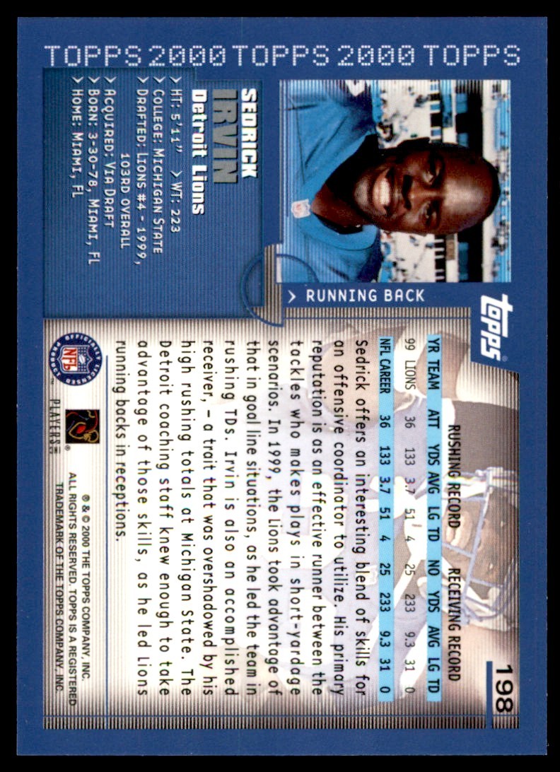 2000 TOPPS COLLECTION SEDRICK IRVIN DETROIT LIONS #198