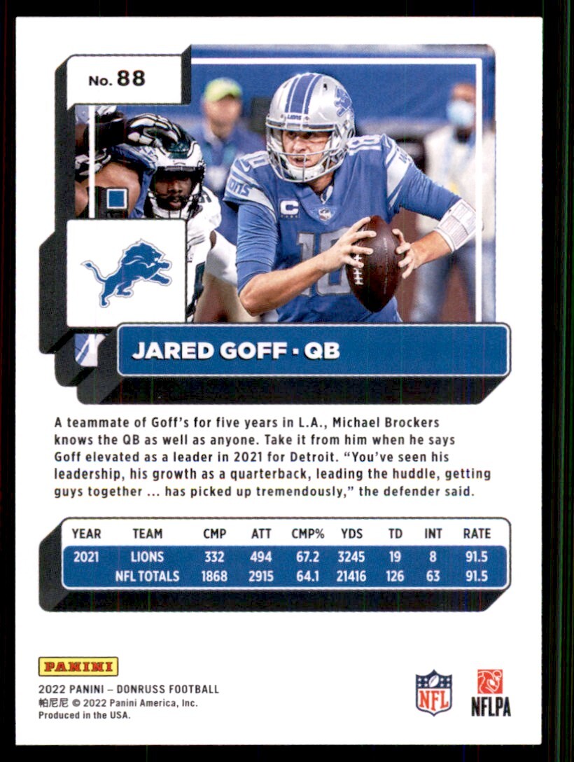 2022 Donruss Football Card Jared Goff Detroit Lions #88