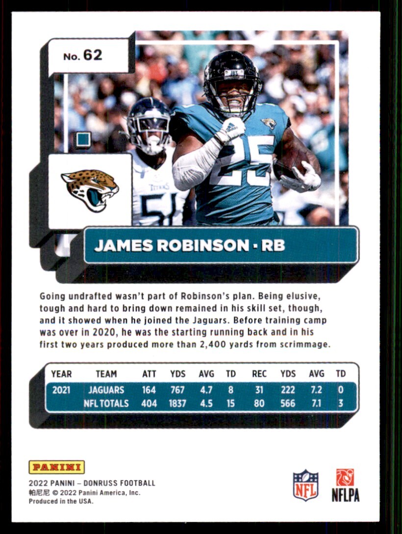 2022 Donruss Football Card James Robinson Jacksonville Jaguars #62