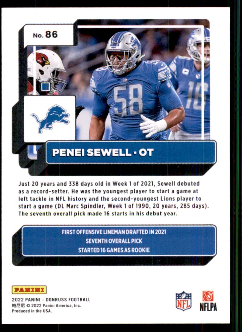 2022 Donruss Football Card Penei Sewell Detroit Lions #86