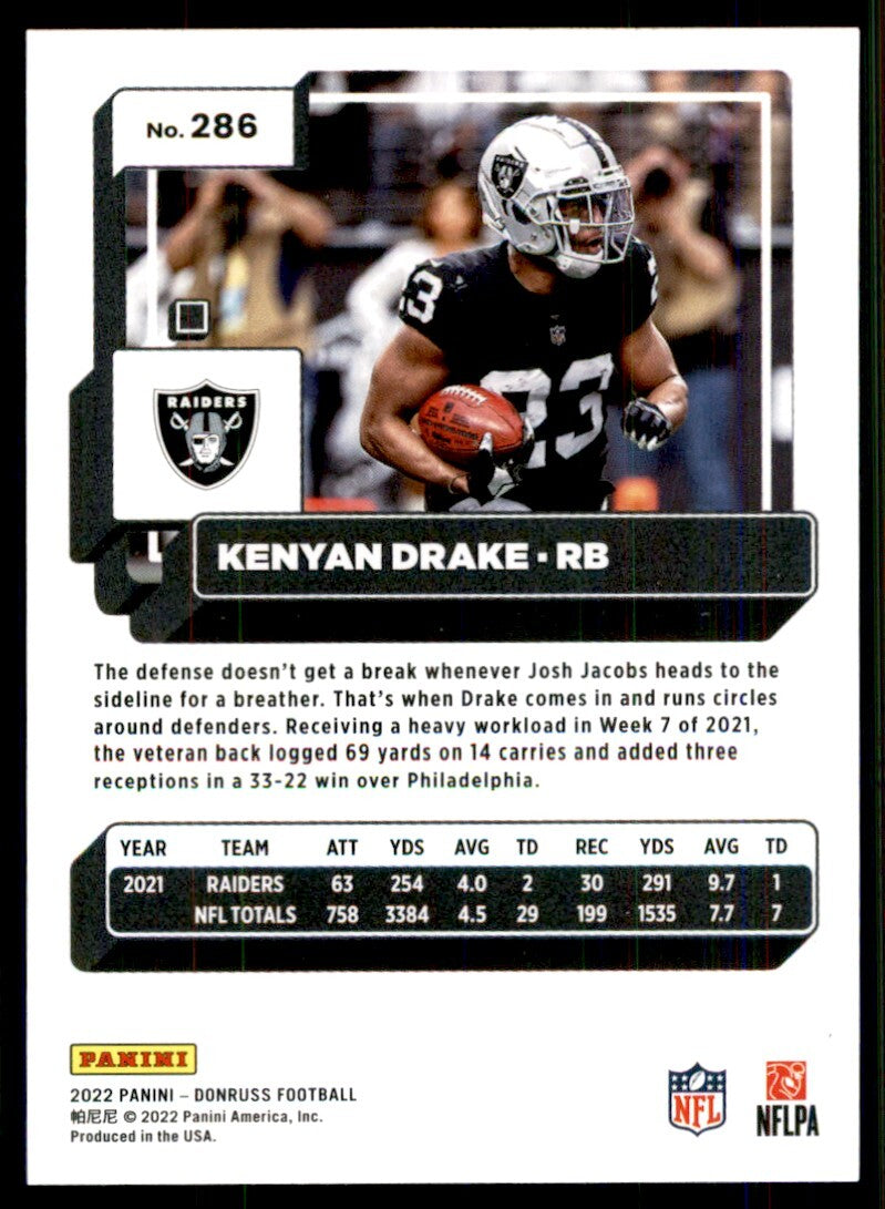 2022 Donruss Football Card Kenyan Drake Las Vegas Raiders #286