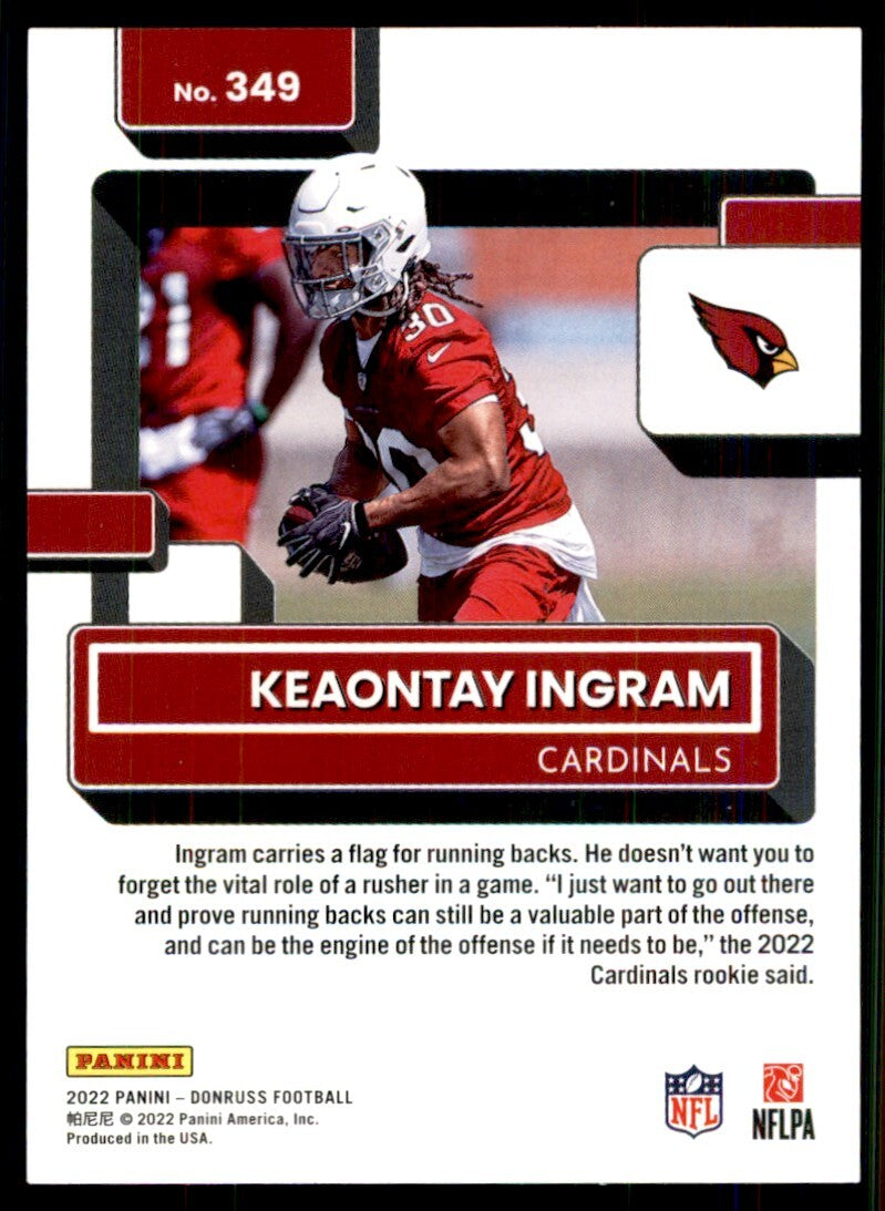 2022 Donruss Football Card Keaontay Ingram Rookie Arizona Cardinals #349