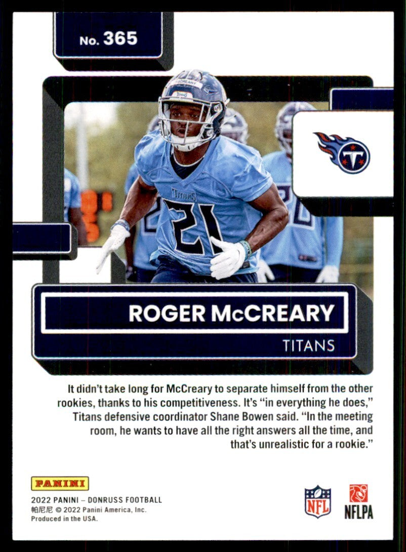 2022 Donruss Football Card Roger McCreary Rookie Tennessee Titans #365
