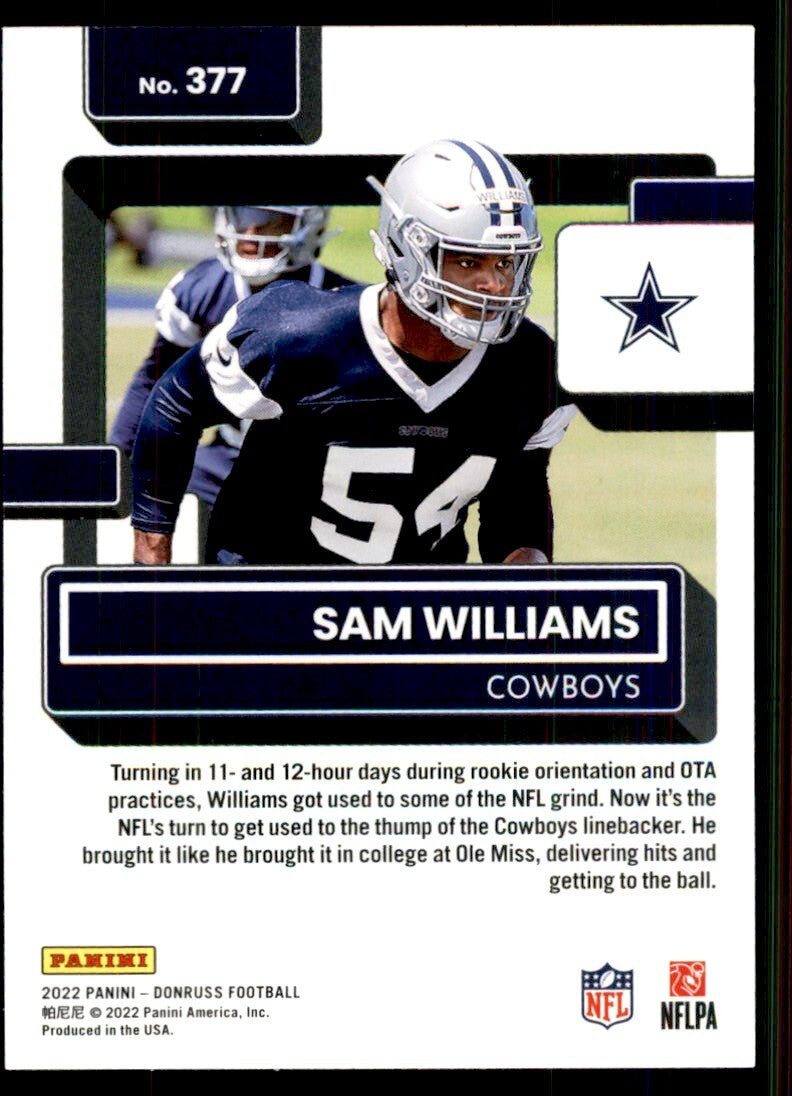 2022 Donruss Football Card Sam Williams Rookie Dallas Cowboys #377
