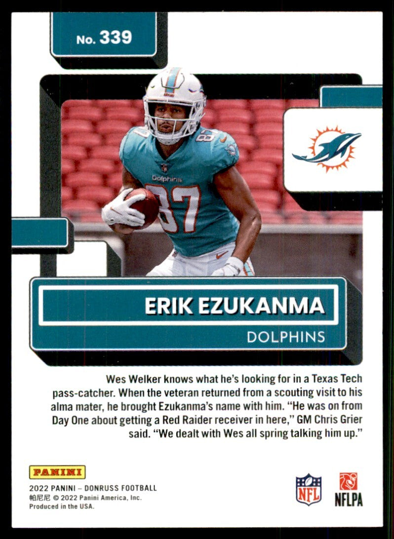 2022 Donruss Football Card Erik Ezukanma Rookie Miami Dolphins #339