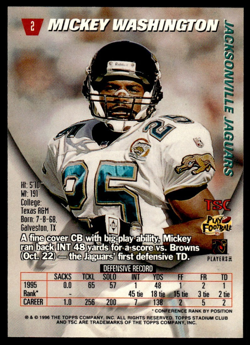 1996 Stadium Club Football Card Mickey Washington A Jacksonville Jaguars #2