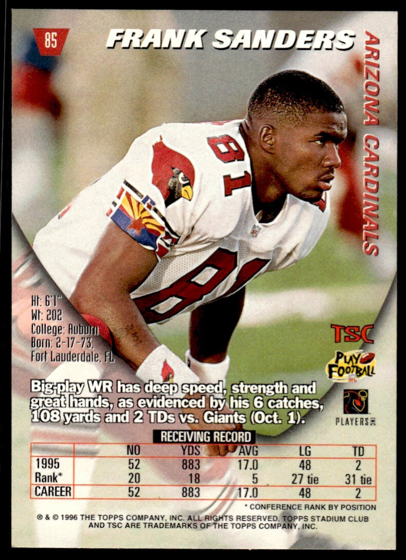 1996 Stadium Club Football Card Frank Sanders Arizona Cardinals #85