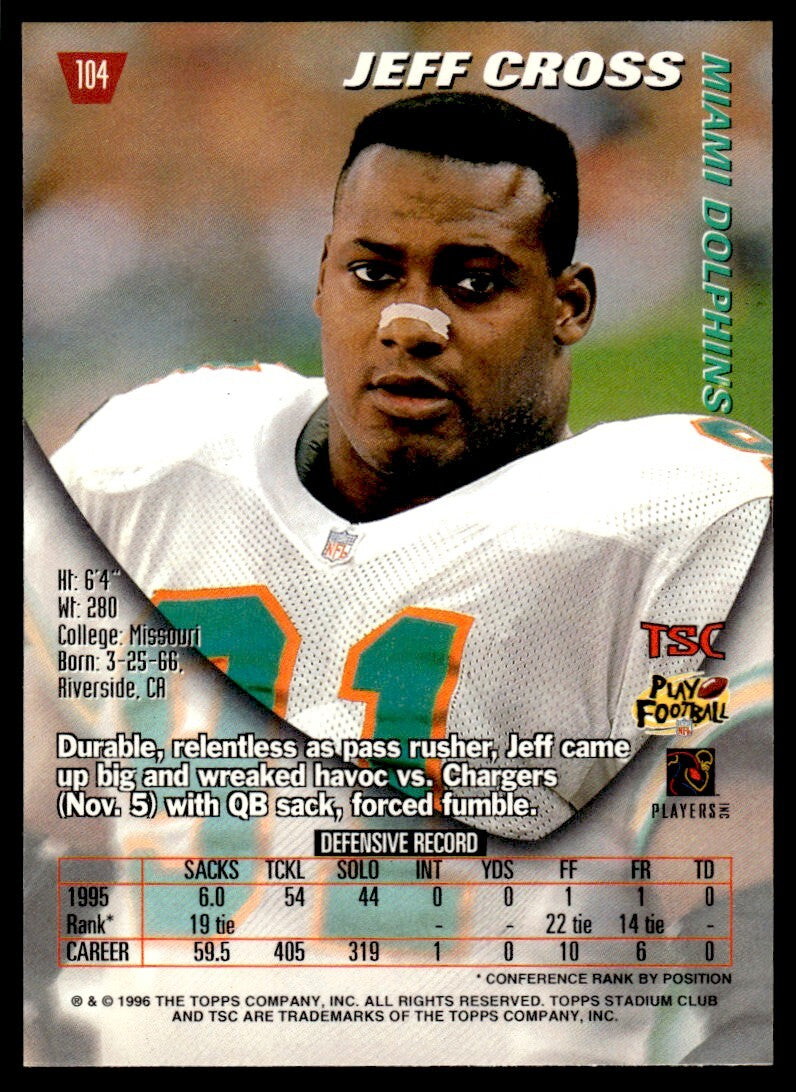 1996 Stadium Club Football Card Jeff Cross Miami Dolphins #104