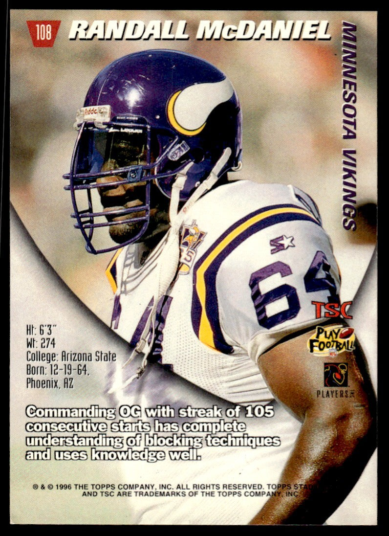 1996 Stadium Club Football Card Randall McDaniel Minnesota Vikings #108