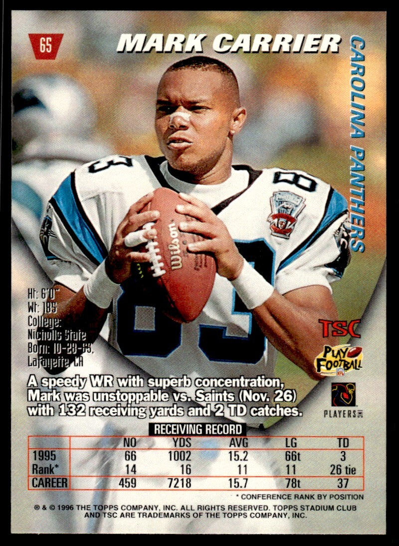 1996 Stadium Club Football Card Mark Carrier A Carolina Panthers #65