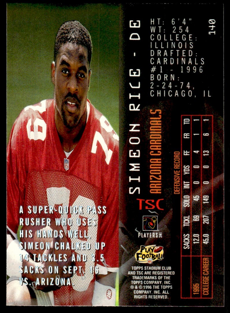 1996 Stadium Club Football Card Simeon Rice Rookie Arizona Cardinals #140