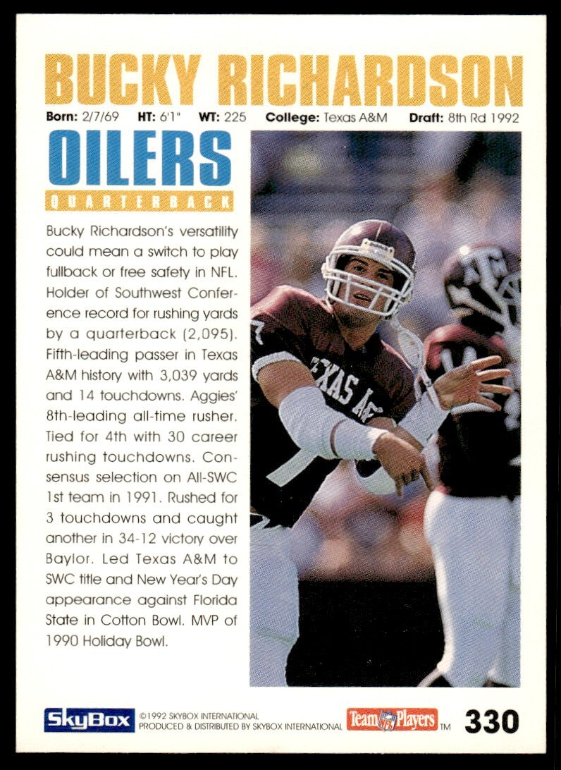1992 SkyBox Football Card Bucky Richardson Rookie A Houston Oilers #330