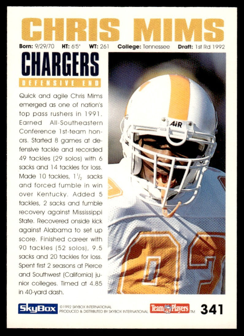 1992 SkyBox Football Card Chris Mims Rookie C San Diego Chargers #341