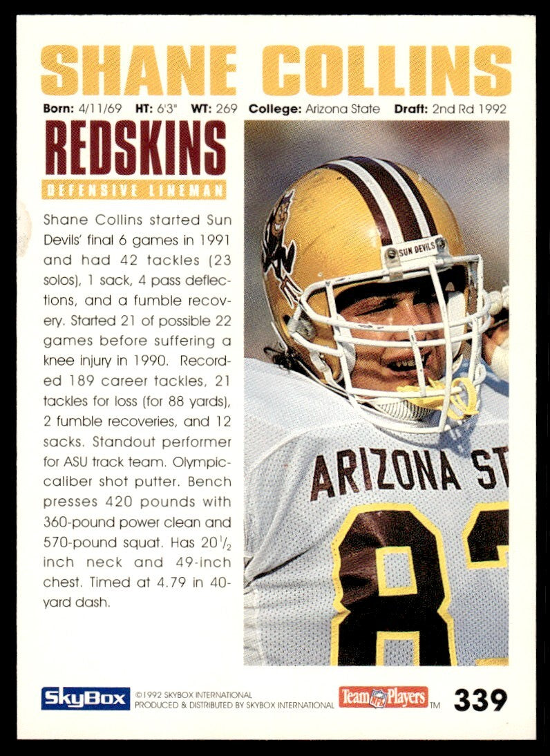 1992 SkyBox Football Card Shane Collins Rookie Washington Redskins #339