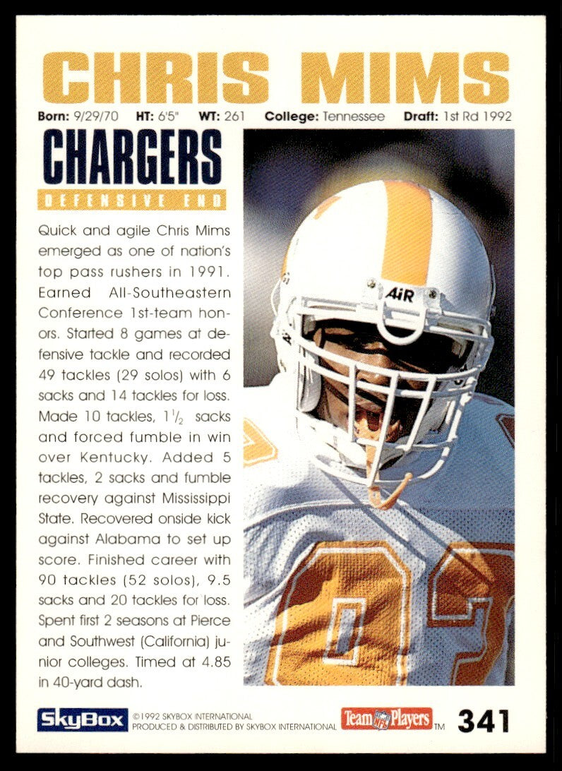 1992 SkyBox Football Card Chris Mims Rookie A San Diego Chargers #341