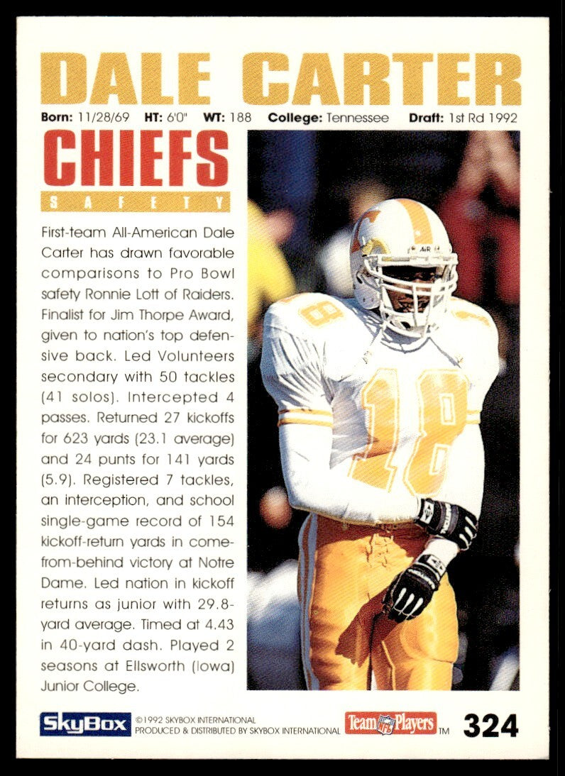 1992 SkyBox Football Card Dale Carter Rookie D Kansas City Chiefs #324