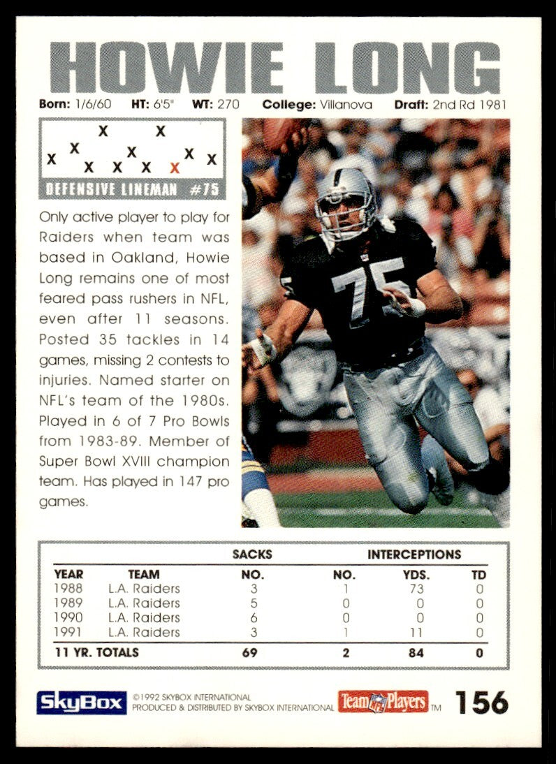 1992 SkyBox Football Card Howie Long E Los Angeles Raiders #156