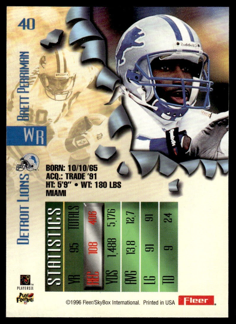 1996 Fleer Metal Football Card Brett Perriman Detroit Lions #40