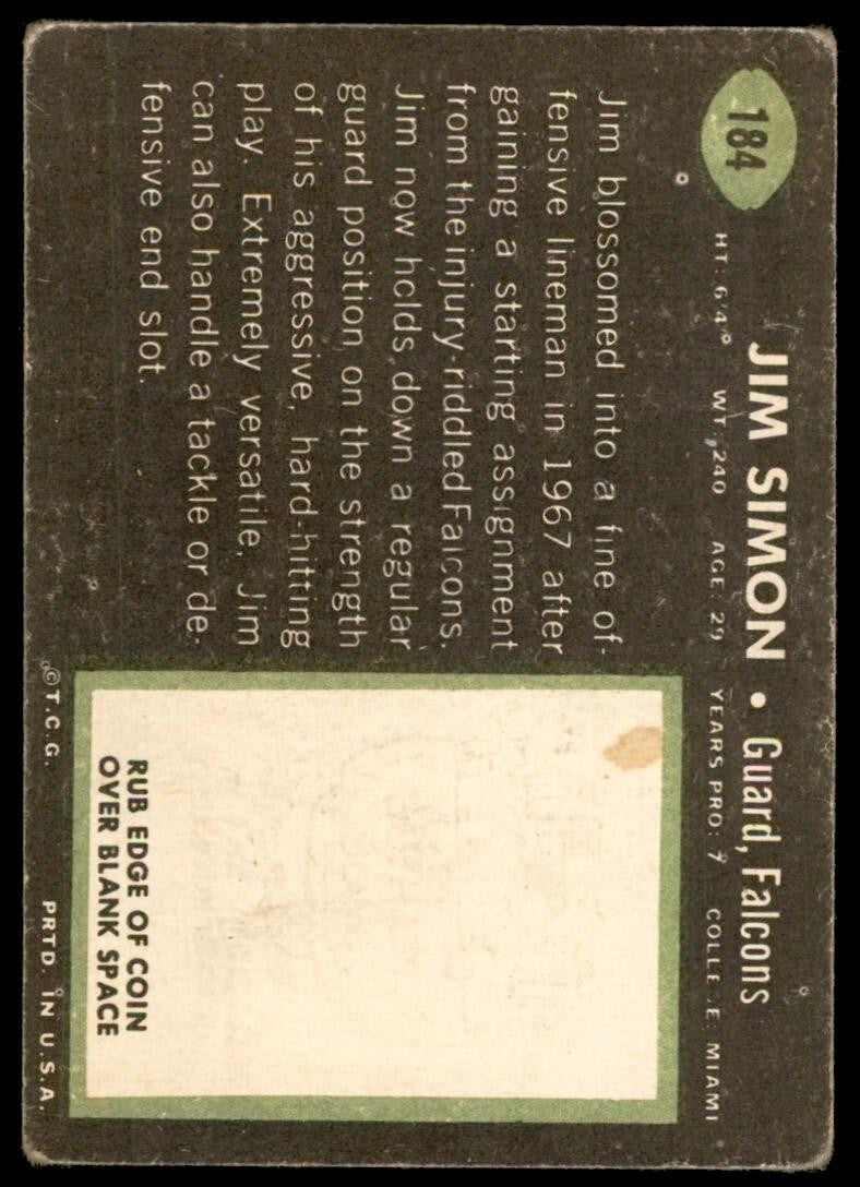 1969 TOPPS {DAMAGED} JIM SIMON ATLANTA FALCONS #184