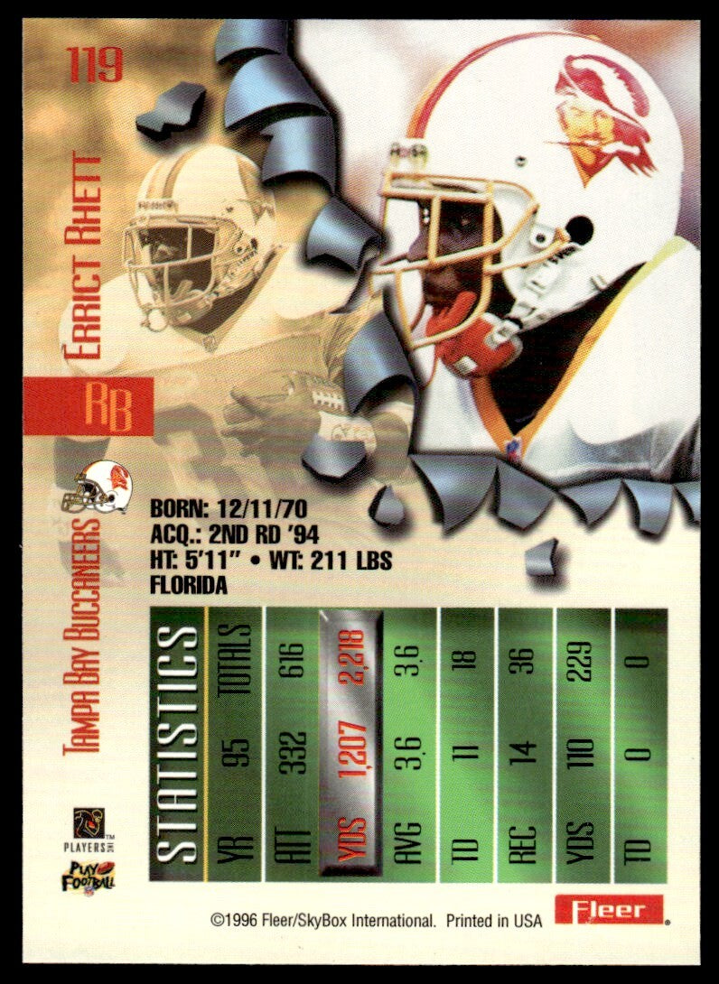 1996 Fleer Metal Football Card Errict Rhett Tampa Bay Buccaneers #119