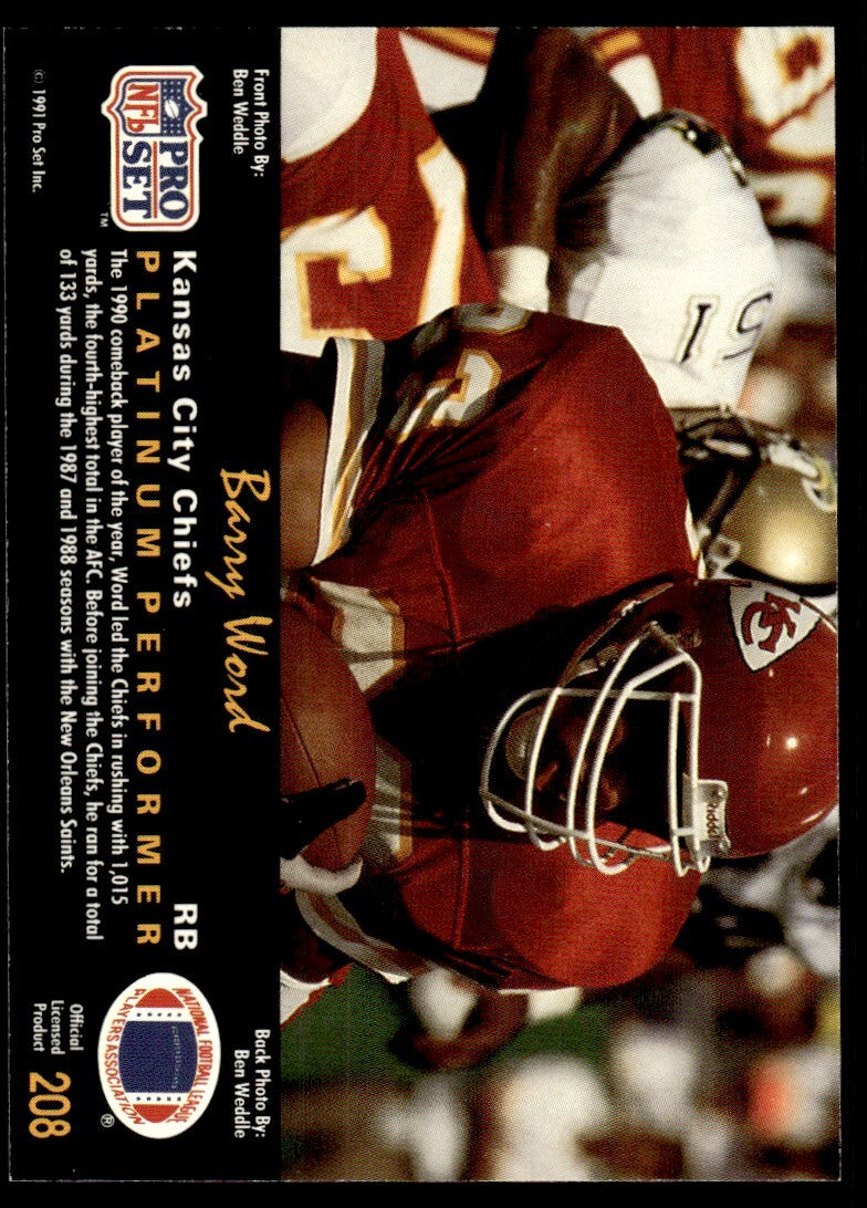 1991 Pro Set Platinum Football Card Barry Word Kansas City Chiefs #208