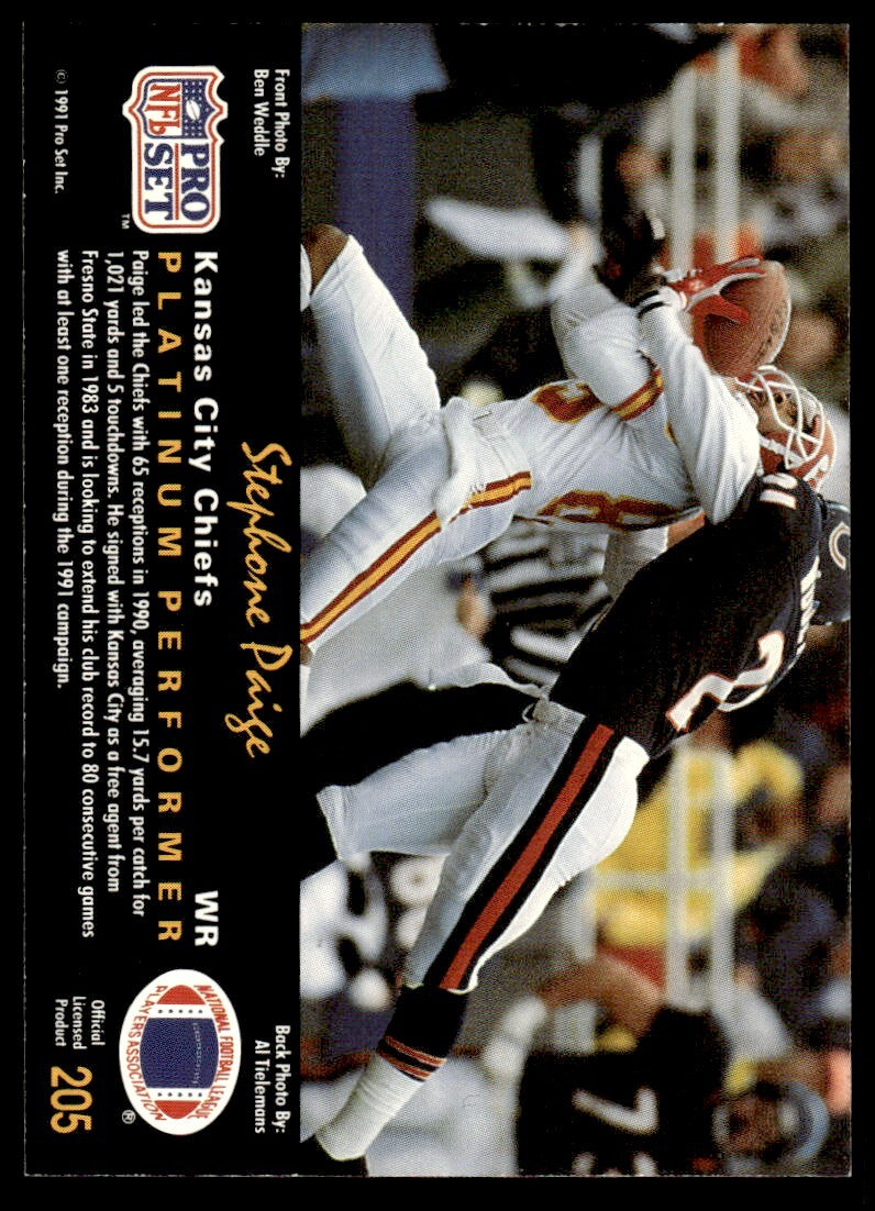 1991 Pro Set Platinum Football Card Stephone Paige Kansas City Chiefs #205
