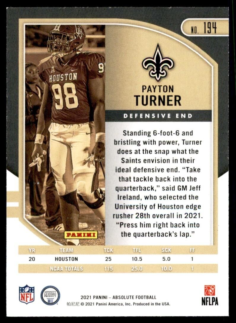 2021 PANINI ABSOLUTE PAYTON TURNER ROOKIE NEW ORLEANS SAINTS #194