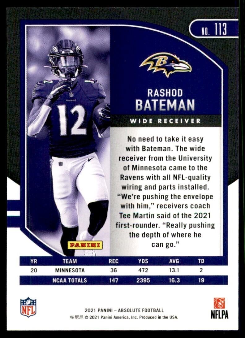 2021 PANINI ABSOLUTE RASHOD BATEMAN. ROOKIE BALTIMORE RAVENS #113
